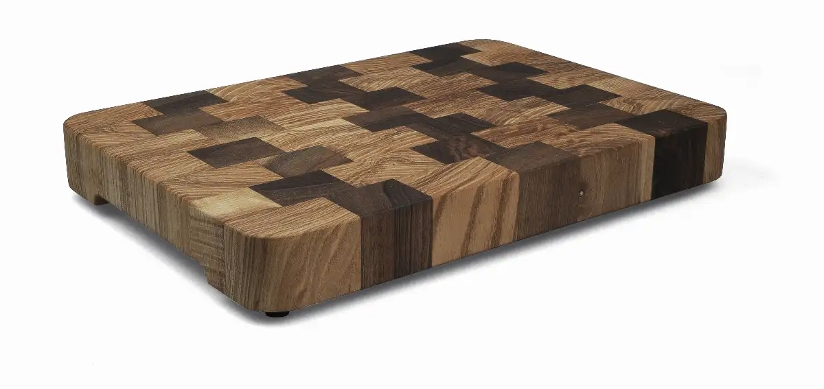 Planche à découper en Frêne-Olivier et Noyer  34 x 23 x 5 cm ( épaisseur sans pieds 4 cm)